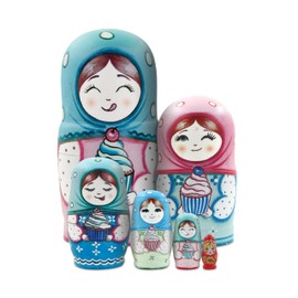 Set of 6 Multicolor Girl Nesting Doll,Red Hair Girl with Headscarf Cupcake Pattern Wooden Russian Nesting Dolls Babushka Doll Stacking Matryoshka Toys for Kids Christmas Birthday Home Decoration Gifts