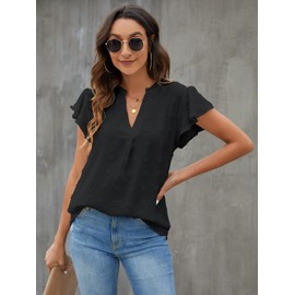 Blooming Jelly Womens White Blouse V Neck Ruffle Sleeve Flowy Shirts Dressy Casual Cute Summer Tops(Small, Black)