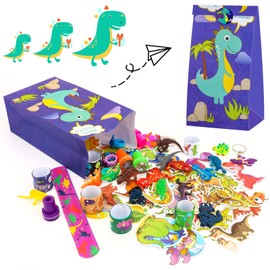 MOTYYA Dinosaur Party Favors, Dinosaur Birthday Party Supplies - Dinosaur Gift Bags, Stampers, Slap Bracelets, Mini Dinosours for Dinosaur Birthday Party,Prizes Pinata Fillers Goodie Bag Stuffers