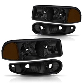 PM PERFORMOTOR [4Pcs-Set] Headlights Assembly+Signal Lamps Compatible with 01-07 GMC Sierra/Yukon Denali,Smoked Lens/Amber Corner