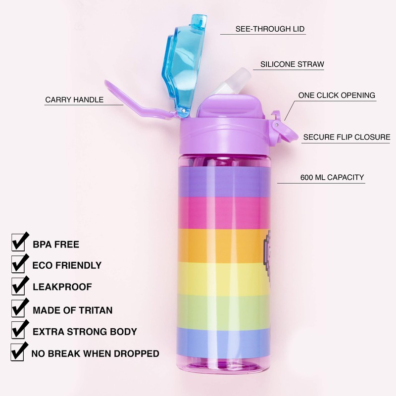 Fringoo - 600ml Kids Water Bottle with Straw & Fliptop