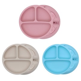 Yummy Baby Products Deluxe Silicone Plates 3 Pack with Suction, 100% Silicone and BPA Free, Microwave and Dishwasher Safe, Divided Design (Cream/Pink/Blue)