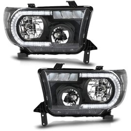 PIT66 LED Headlights Assembly, Compatible with 2007-2013 Toyota Tundra /2008-2017 Toyota Sequoia Driver and Passenger Side Headlamps Assembly Clear Lens Black Housing Clear Reflector