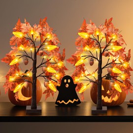 Fall Maple Leaf Table Lighted Tree - Thanksgiving Decorations 2 Pack Home Decor with 48 LED Lights for Indoor Outdoor Room Decoration Artificial Harvest Autumn Trees Battery Operated for Home Party