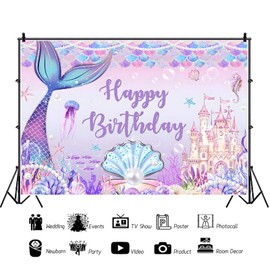 ASDCXZ Mermaid Birthday Photo Background 2.2 x 1.5 m, Under the Sea Purple Mermaid Castle Pearl Photography Background Princess Girls Birthday Party Decoration Banner Studio Props