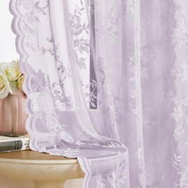 Light Purple Lace Curtains 84 Inches Long 2 Panels Romantic Lilac Flower Sheer Curtains for Bedroom Living Room Semi Sheer Rod Pocket Light Filtering Violet Lace Curtains for Girls Room Decor, 52x84