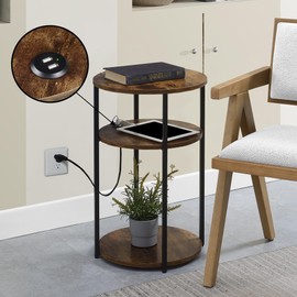 Convenience Concepts Simon End Table with USB Ports 15.75" – Modern 3-Tier Round Side Table with Storage Shelves for Family Room, Industrial Style Table with Charging Station, Barnwood/Black