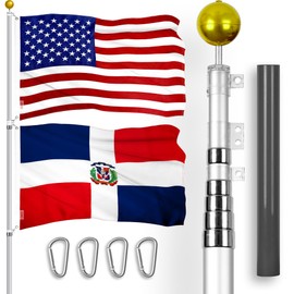 G128 Combo Pack: 25 Ft Telescoping Aluminum Flagpole (Silver) & American and Dominican Republic Flags 3x5 Ft, Both ToughWeave Series Embroidered Polyester | Pole with Flags Included