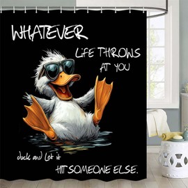 Black and White Shower Curtain,Funny Quotes Duck Bathtub Curtain,Animal Pet Bathroom Decor,Fabric Waterproof Bathroom Accessories with Hooks,69X70 in