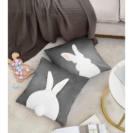 IHClink Easter Cushions Covers Easter Decorations Square Rabbit Benny Decorative Throw Pillow Case 3D Embroidered Velvet Spring Pillowcases for Livingroom Sofa Bedroom 45cm x 45cm Set of 2 (Grey)