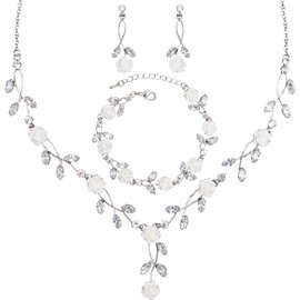 Enrwin Luxury Cubic Zirconia White Flower Necklace Dangle Earrings Bracelet Prom Bride Wedding Jewelry Sets for Women (Style2-Silver Plated)