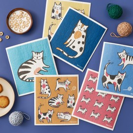 RECYCO Swedish Dishcloths for Kitchen | 6 Packs Cuddly Cats Washable Dish Rags | Cellulose Reusable Cleaning Paper Towels | Absorbent Counter Dish Cloth Sponge Kitchen Wipes, 8" L x 7" W