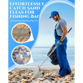 Sand Flea Rake 16" Wide - Detachable 54" Handle with Shark Tooth Screen - Steel Beach Rake for Fishing Bait, Shelling, Yard Cleaning