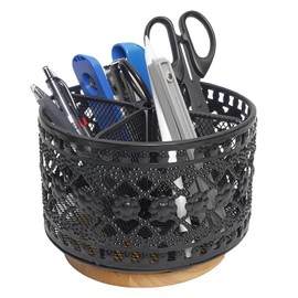 360° Rotating Utensil Caddy Countertop, Metal Kitchen Utensil Holder, 4-Compartment Metal Utensil Caddy with Wooden Base, Multifunctional Flatware Organizer for Party Kitchen Counter Office （Black）