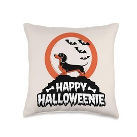 Happy Halloweenie Dachshund Moon Bat Cute Weiner Dog Throw Pillow