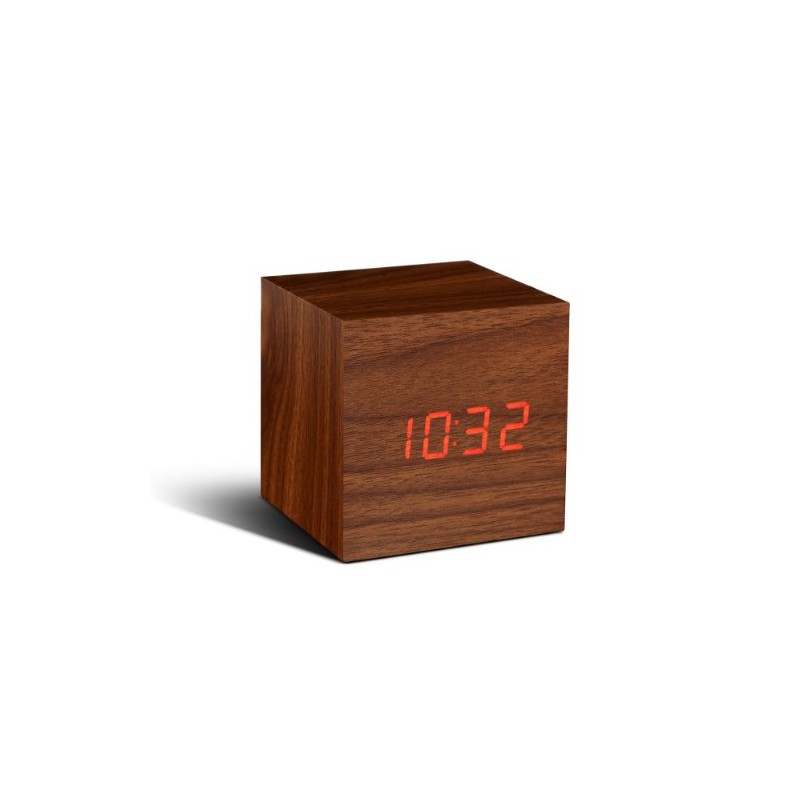 Gingko Brown Cube Walnut Click Clock with Red LED