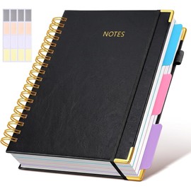 JASLEKO 3 Subject Notebook College Ruled with Dividers Tabs, 100 GSM Leather Hardcover Spiral Notebooks for School Work, 240 Pages Large Cute Notebook Journal for Women Men, College Students,Black