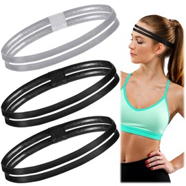 Shappy 3 Pieces Double-Straps Sport Headbands Elastic Hairband Non-Slip Sweatband for Women or Men (Black,Grey)