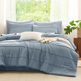 CozyLux King Size Comforter Set Grayish Blue, 7 Pieces Soft Prewashed Pinch Pleat Bed in a Bag King Comforter Set with Sheets, Boho Bed Set with Down Alternative Comforter, Sheets, Pillowcases & Shams