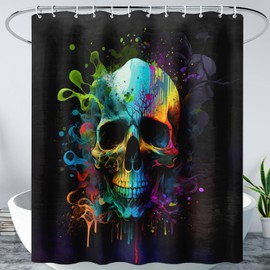 AILONEN Sugar Skull Shower Curtain for Bathroom,Watercolor Skull Bath Curtain Decoration,Minimalism Tie Dye Skeleton Print Waterproof Black Curtain with 12 Plastic Hooks, 36" W*72" H