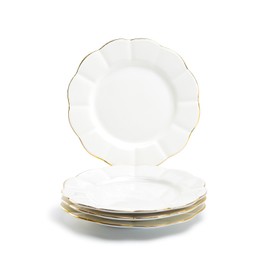 Grace's Teaware Grace Teaware 8" White Gold Scallop Fine Porcelain Dessert Plate Set of 4