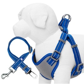 Blueberry Pet Reflective Dog Harness and Seatbelt Set | Adjustable Safety Vest with Matching Car Restraint for Large Breeds –Navy