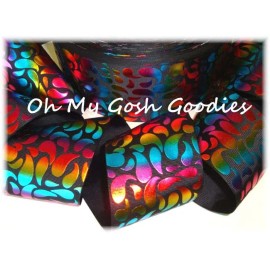 3"  RAINBOW TEAR DROP HOLOGRAM GROSGRAIN RIBBON TICK TOCK CHEER BOW BLACK