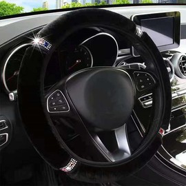 ZHOL Plush Steering Wheel Cover with Bling Bling Crystal Rhinestone, Universal 15 Inch Softy Fluffy Steering Wheel Cover for Women Girls, Anti-Slip, Winter Warm, Black