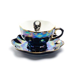 Grace Teaware Skull Black Gold Luster Tea Cup and Saucer with Gold Trim