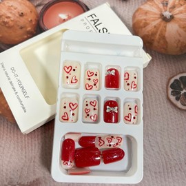 Valentine's Press on Nails Short Square Love Heart Rhinestones Bow Tie False Nails with Design French Fake Nails Charm Acrylic Nails Full Cover Coffin Artificial Nails, Glue on Nails for Women