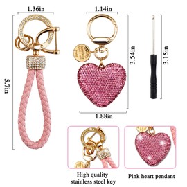 Cute Heart Keychain Pink Wristlet Bling Keychains For Women Girls Key Chain For Car Keys Purse Charms Handbag Backpack Accessories Rhinestone Keychain Sparkly