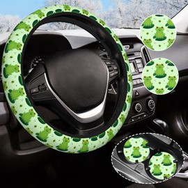 Frog Steering Wheel Cover Anti-Slip and Practical 14.5-15 Inch Universal Car Steering Wheel Cover with 2 Pieces Car Coasters Suitable for Men Women