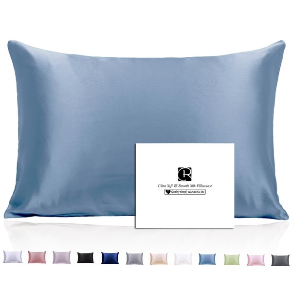 Ravmix 100% Mulberry Silk Pillowcase for Hair and Skin with Hidden Zipper, Both Sides 21Momme Silk, Standard Size 20×26 inches, 1PCS, Flint Blue