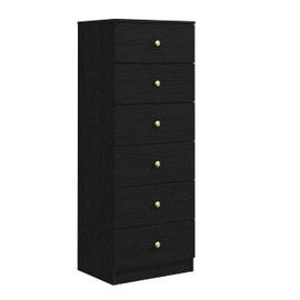 Modern 6 Drawer Vertical Dresser, Wood Tall Chest of Drawers N Arrow Storage Organizer with Wide Drawers & Metal Gold Handles for Bedroom, Living Room, Office, Hallway, Entryway (Black)