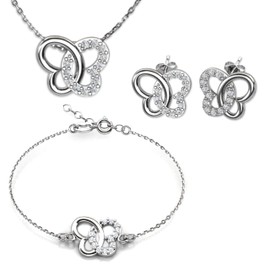 butterfly Girls Jewellery Set Consisting of Necklace, Bracelet and Earrings Sterling Silver 925 Butterfly Pendant Length Adjustable Eco Packaging Christening Gift, Sterling Silver, Diamond