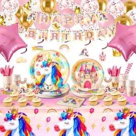 Unicorn Birthday Decorations For Girls,Princess Birthday Party Decorations-204PCS Serve 20 Guest-Unicorn Birthday Party Plates Cups Napkins Tablecloth Banner Balloons Cutlery (unicorn)