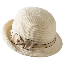 JNGUOSICN Women Summer Sun Hat Vintage Ladies Bucket Hat Bowknot Fashion Roll Brim Knit Bowler Hat Beach Cap with Adjustable Sun Protection for Travel Beige