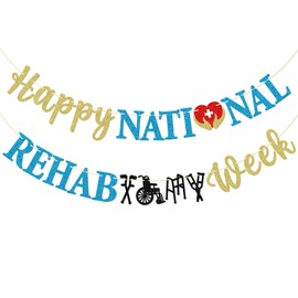 Firefairy Happy National Rehab Week Banner, pre-encordado Semana de Rehabilitación Nacional Decoración de fiesta, Semana de Apreciación de Enfermera, Decoración de fiesta, Dorado, Azul y Negro Brillo