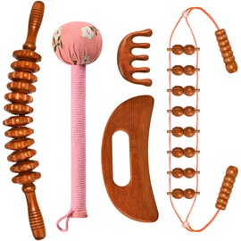 5-in-1 Wood Therapy Lymphatic Drainage Massager Tools Kit for Body Sculpting with Gua Sha Tool, Back Massage, Scalp Massage Tool, Leg Massager Muscle Roller, Manual Hammer Massager for Ideal Gift