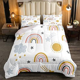 Erosebridal Girls Rainbow Bedding Set, Sun and Stars Comforter Set Twin Size for Kids Boys Children Cartoon Style Cloud Bedding Comforters Girly Soft Microfiber Duvet Insert for Bedroom Decor
