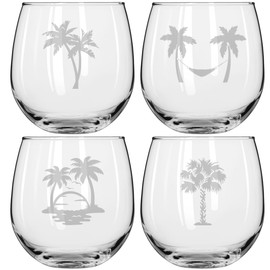 MIP Set of 4 Wine Glass for Red or White Wine Gift Palm Tree Collection (16 oz Stemless)