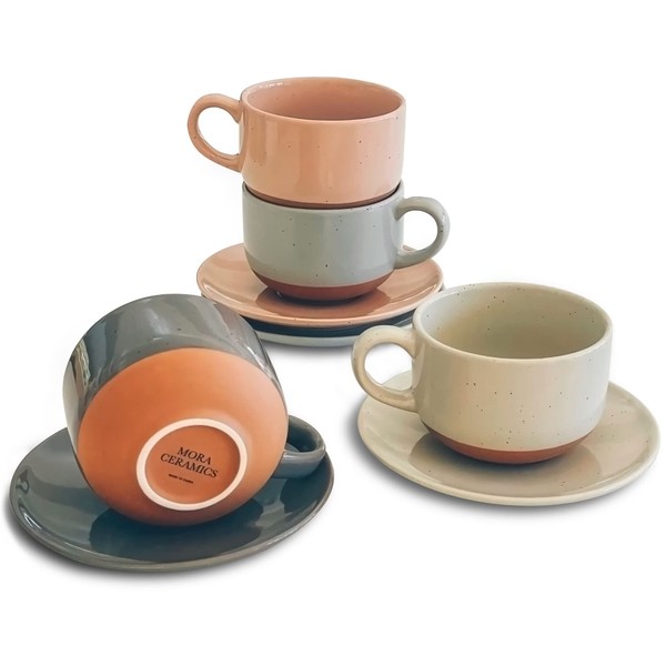 Mora Ceramics 8oz Cappuccino Mug Set of 4 - Ceramic Coffee Cups with Saucers - Microwave and Dishwasher Safe, Perfect For Tea, Espresso, Latte - Porcelain Mugs for Kitchen or Cafe - Assorted Neutrals