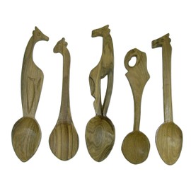 The Friendly Trading Co Set of 5 Wildlife theme African Handcrafted wooden Teaspoons 6 inch / 15 cm Spoons Elephant Giraffe Lion etc