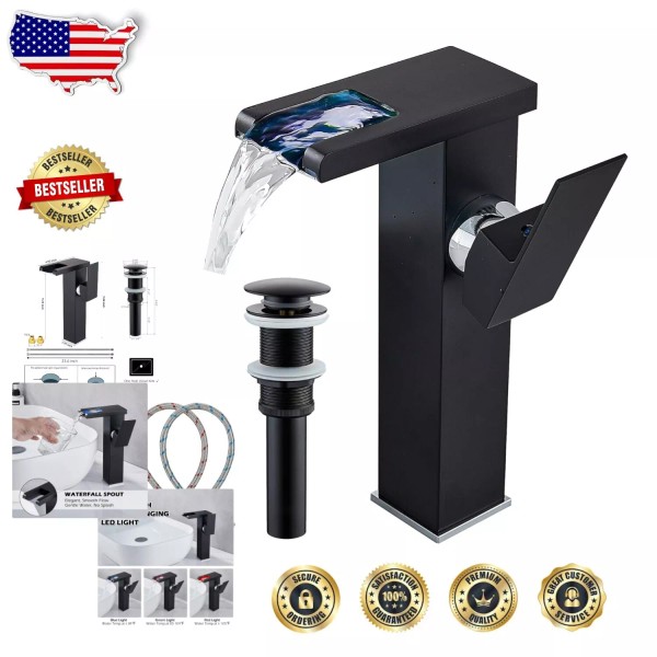 Unbranded LED Light Waterfall Bathroom Faucet – Matte Black Sink