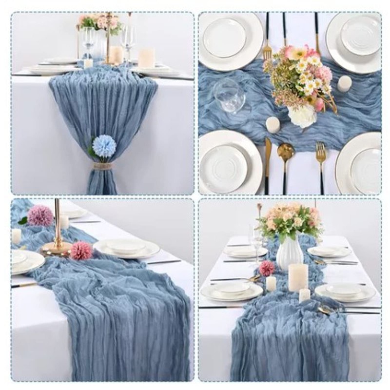 Blue Bohemian Style Table Runner, Polyester Table Cloth, Wrinkle Gauze,