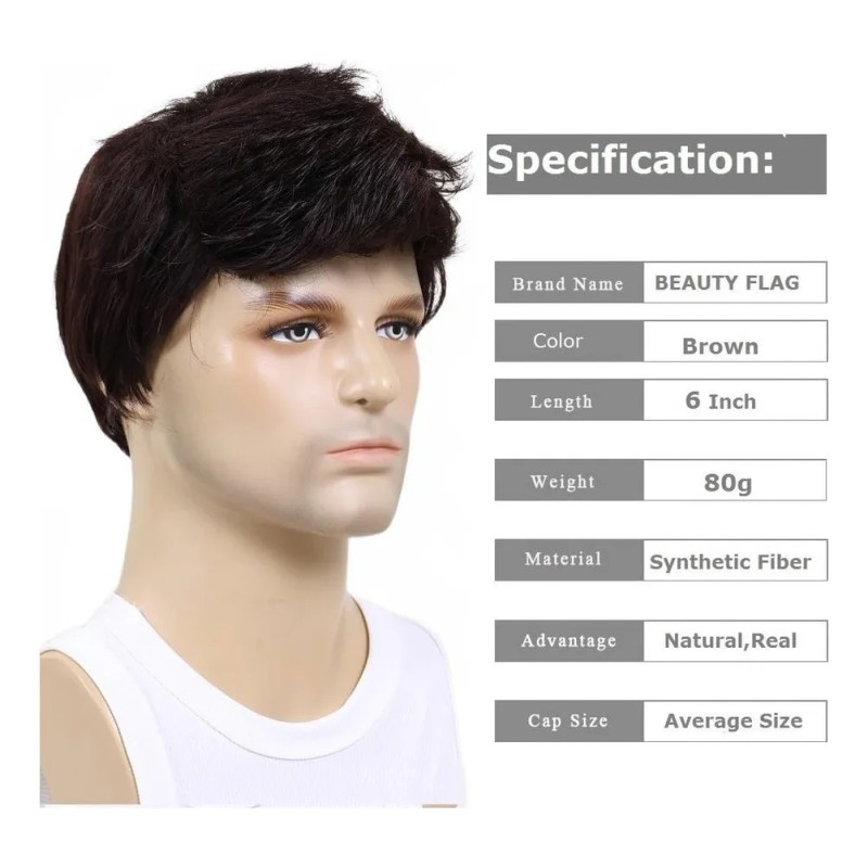 Peluca Para Hombres Cortas Natural Cabello Moda Negra Marrón