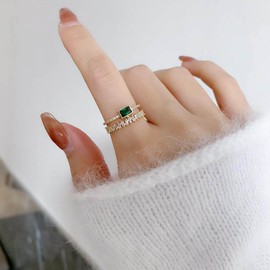 Vintage Square Emerald Ring Emerald Crystal Knuckle Ring Rhinestone Stacking Ring Emerald Gemstone Finger Ring Layered Green Cz Open Ring Gold Adjustable Ring Wedding Band Ring Jewelry for Women