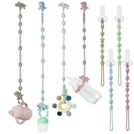 PandaEar 8 unidades de correas para juguetes de bebé y pinzas para chupete de silicona, arnés de correas de dentición de silicona con diseño de dinosaurio y pinzas para chupete con diseño de una pieza