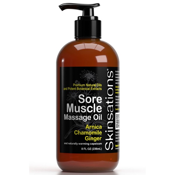 Skinsations – Sore Muscle Massage Oil with Arnica Montana - Naturally Warming, Organic Essential Oil Blend with Chamomile, Ginger, Peppermint and Capsicum