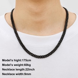 Fiusem Black Chain Necklace for Men, 9mm Black Plated Stainless Steel Cuban Link Chain Necklace, Men's Chains 24 Inch